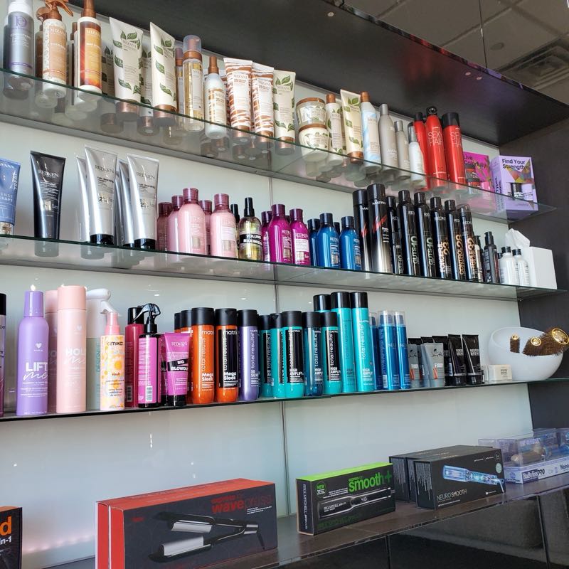 Shelves of professional retail hair-care products